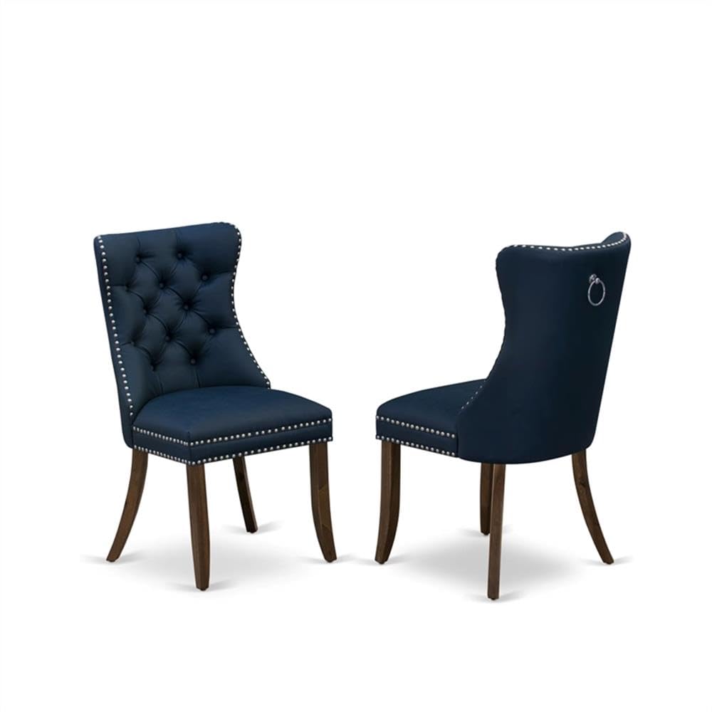 9-Piece Walnut Finish Acacia Wood Dining Set with 8 Navy Blue Upholstered Chairs M6167