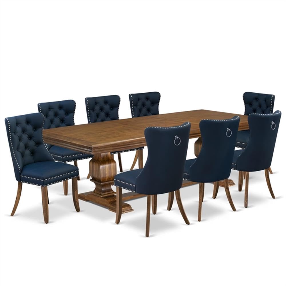 9-Piece Walnut Finish Acacia Wood Dining Set with 8 Navy Blue Upholstered Chairs M6167