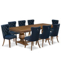 9-Piece Walnut Finish Acacia Wood Dining Set with 8 Navy Blue Upholstered Chairs M6167