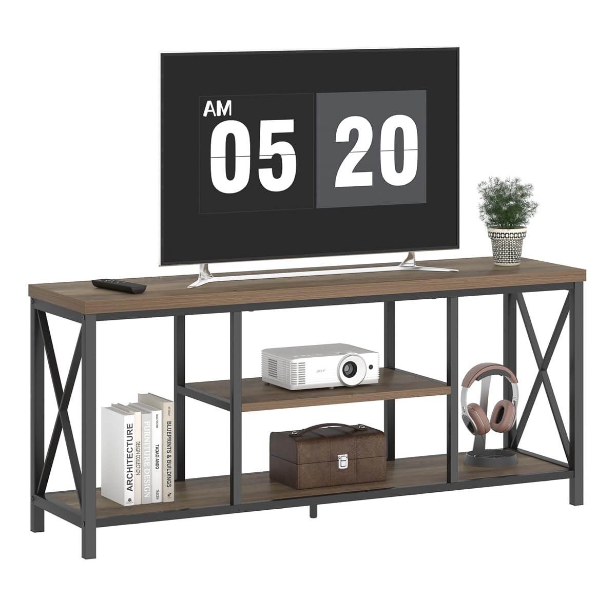 Oak 55 inch Wood and Metal TV Stand with Storage Shelves K827