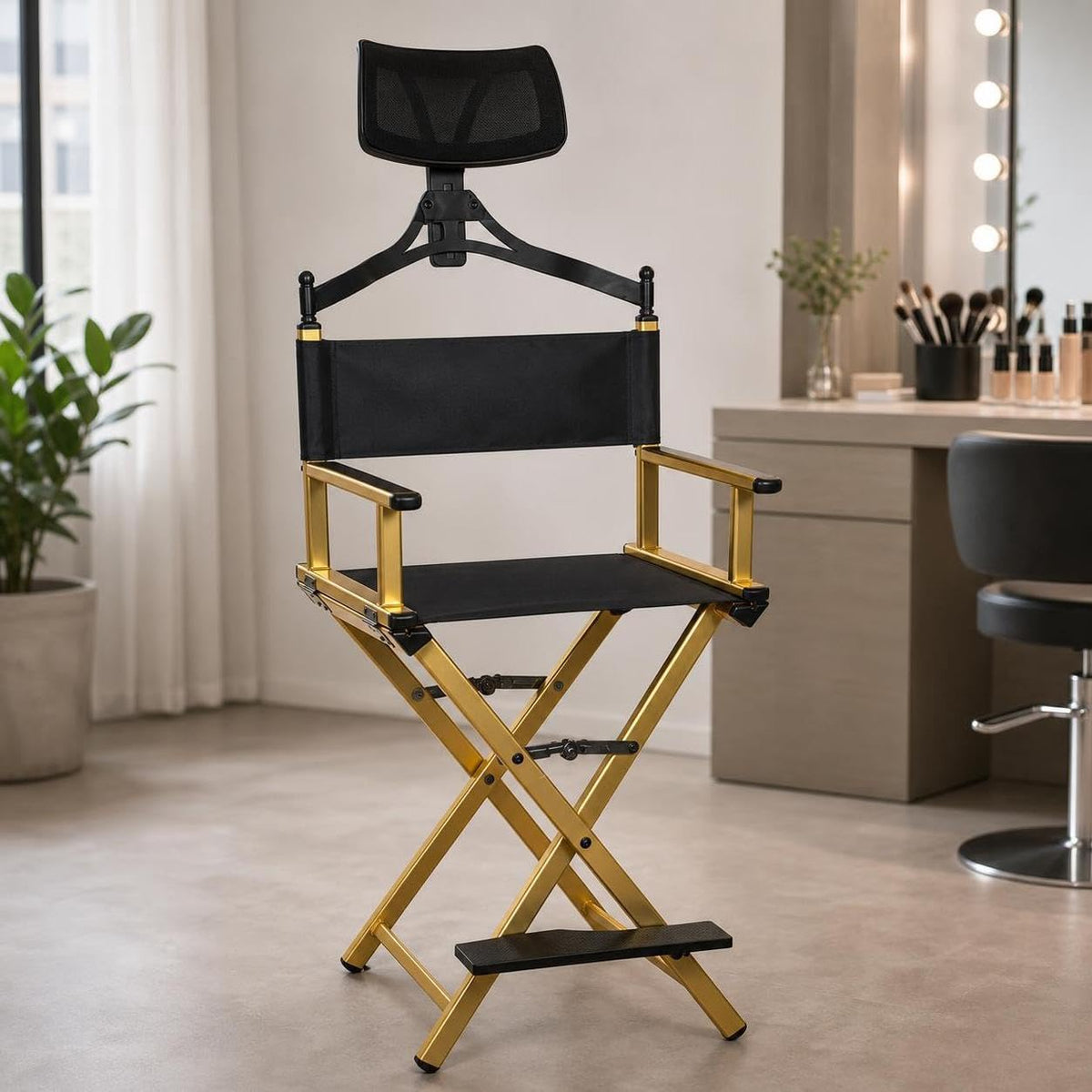 Aluminum Folding Director Chair with Headrest, Adjustable Height, Side Tray and Phone Holder X29541