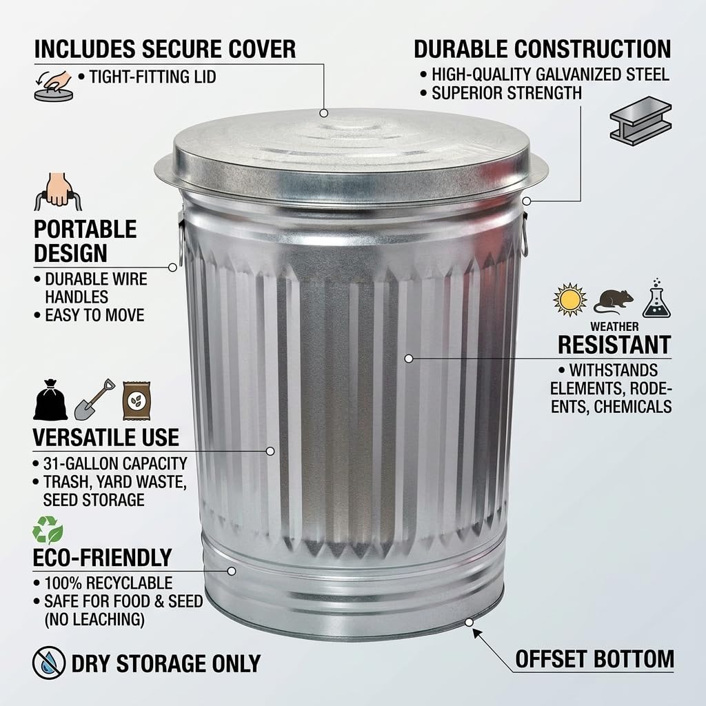31 Gallon Galvanized Steel Trash Can with Lid T59666