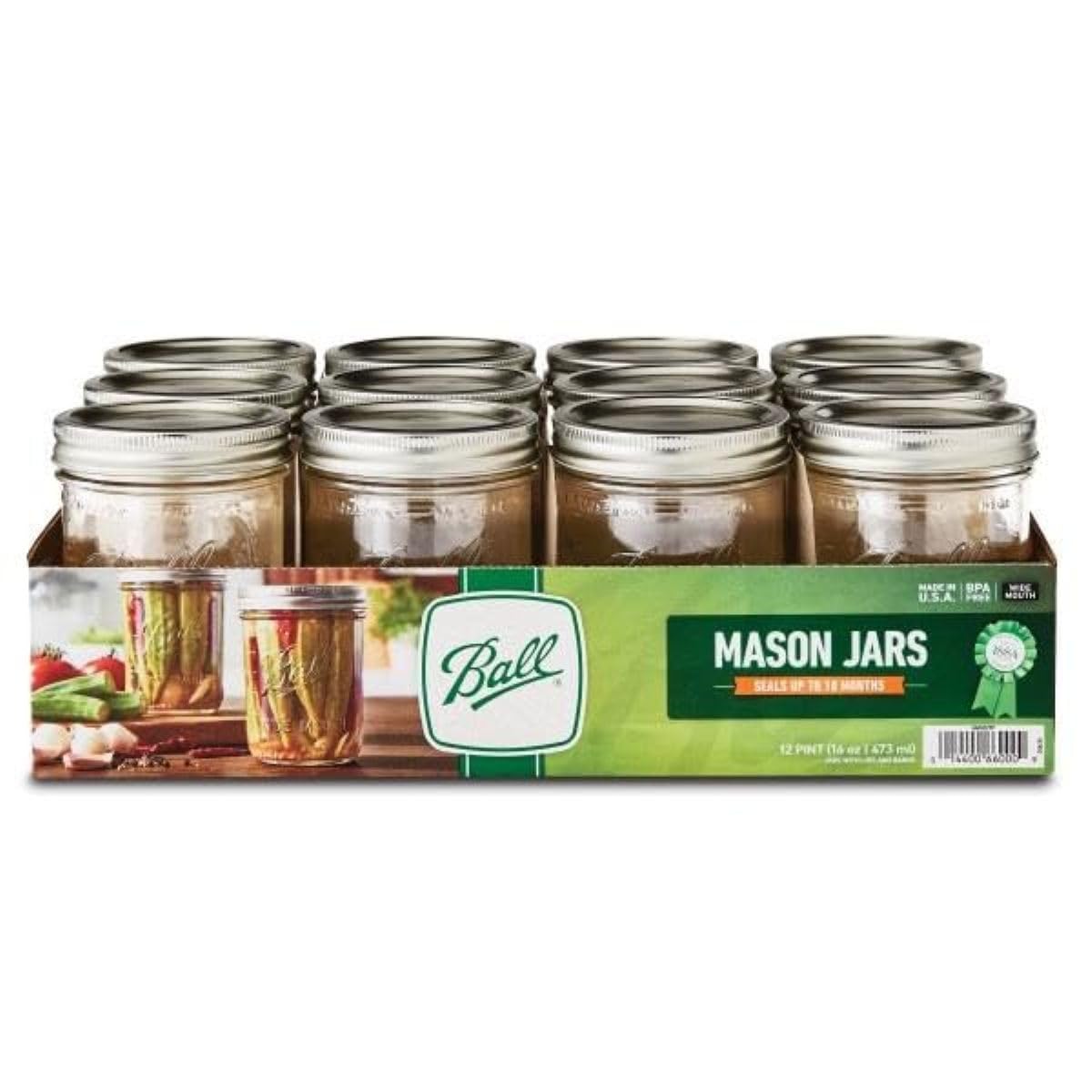 Wide Mouth Pint Jars with Lids and Bands, 16 oz, Set of 12 E727