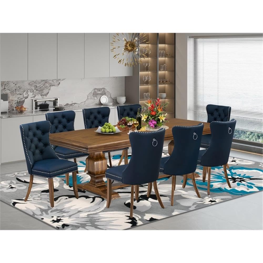 9-Piece Walnut Finish Acacia Wood Dining Set with 8 Navy Blue Upholstered Chairs M6167