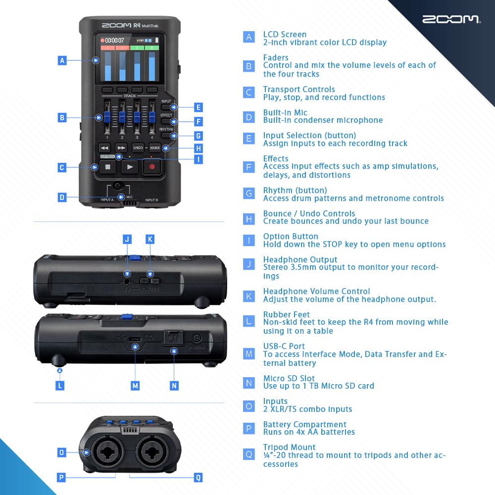 32-Bit Float 4-Track Recorder with Dual XLR/TS Inputs and Built-In Mic H68158