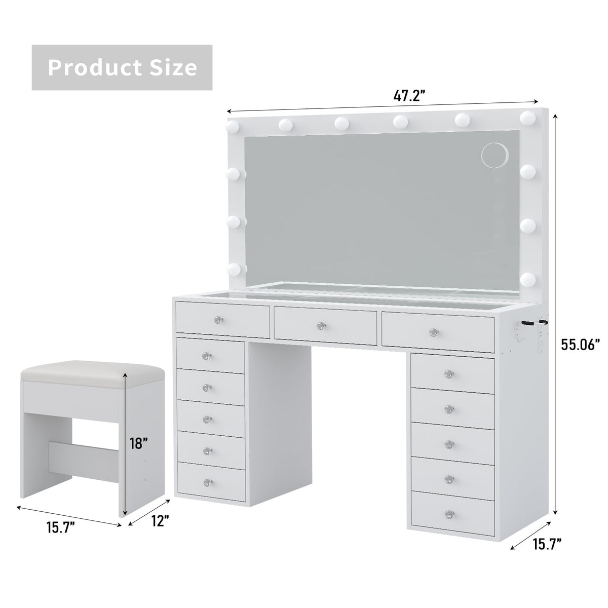 47" White Makeup Vanity with 13 Drawers and HD Mirror D621250
