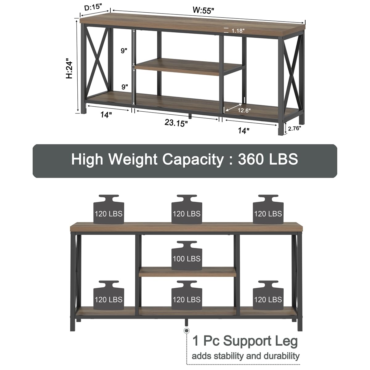 Oak 55 inch Wood and Metal TV Stand with Storage Shelves K827