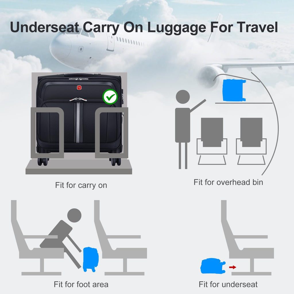 Black 16-Inch Underseat Carry-On Luggage with 4 Spinner Wheels D715