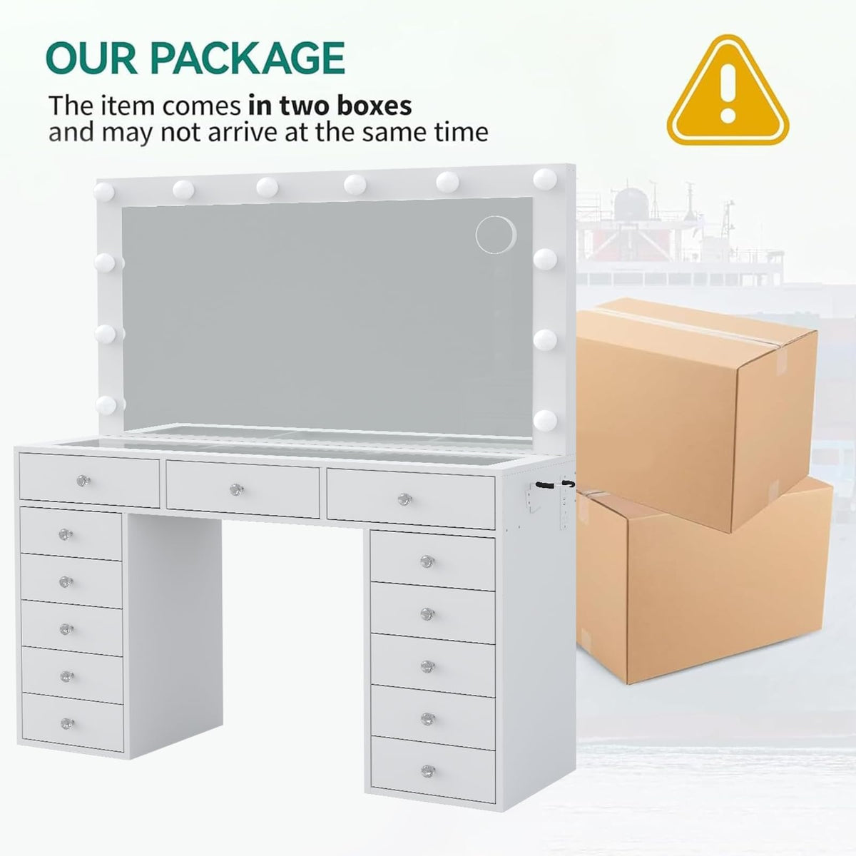 47" White Makeup Vanity with 13 Drawers and HD Mirror D621250