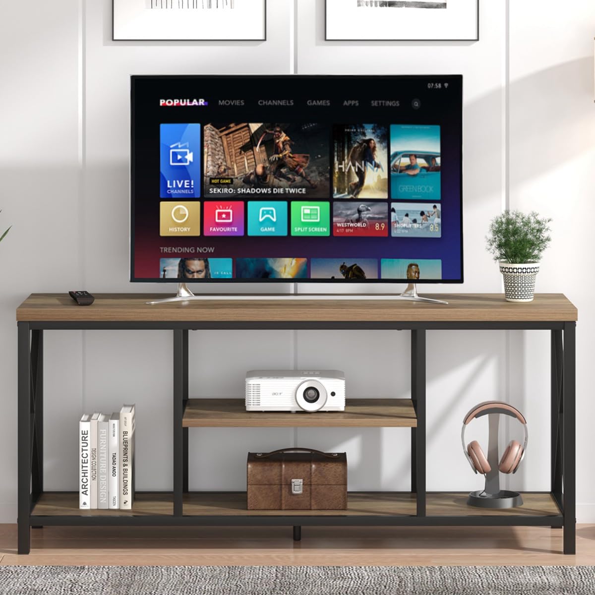Oak 55 inch Wood and Metal TV Stand with Storage Shelves K827