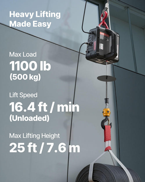 1100 lbs 1500W Electric Hoist Winch with Wired Remote Control N718