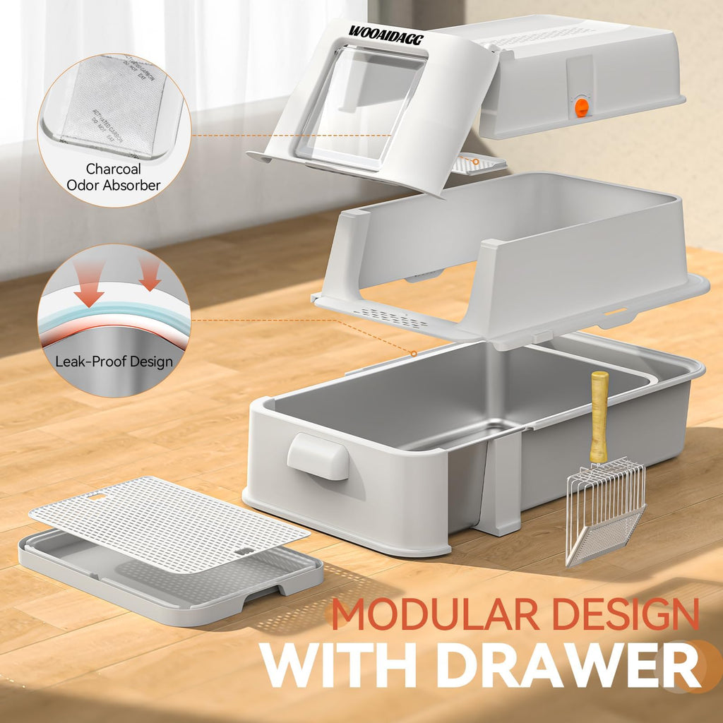 Enclosed Stainless Steel Cat Litter Box with Drawer and Flip Door, Extra Large Light Grey Y5697