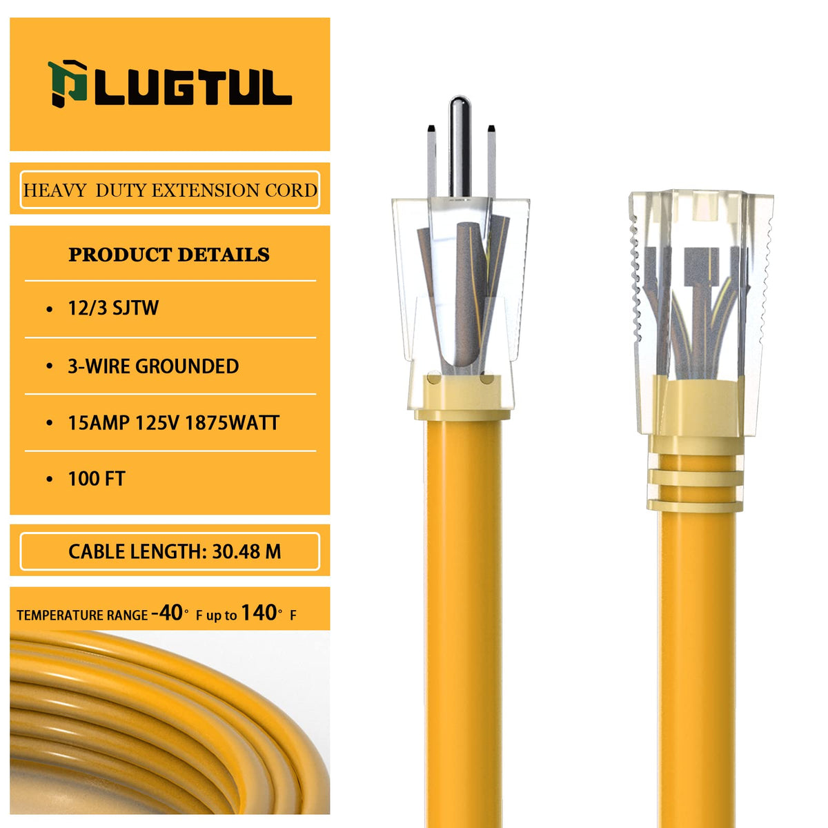 12 Gauge 100 Ft Heavy Duty Outdoor Extension Cord Waterproof Lighted End SJTW 3 Prong Grounded Plug 15A 1875W Yellow D93477