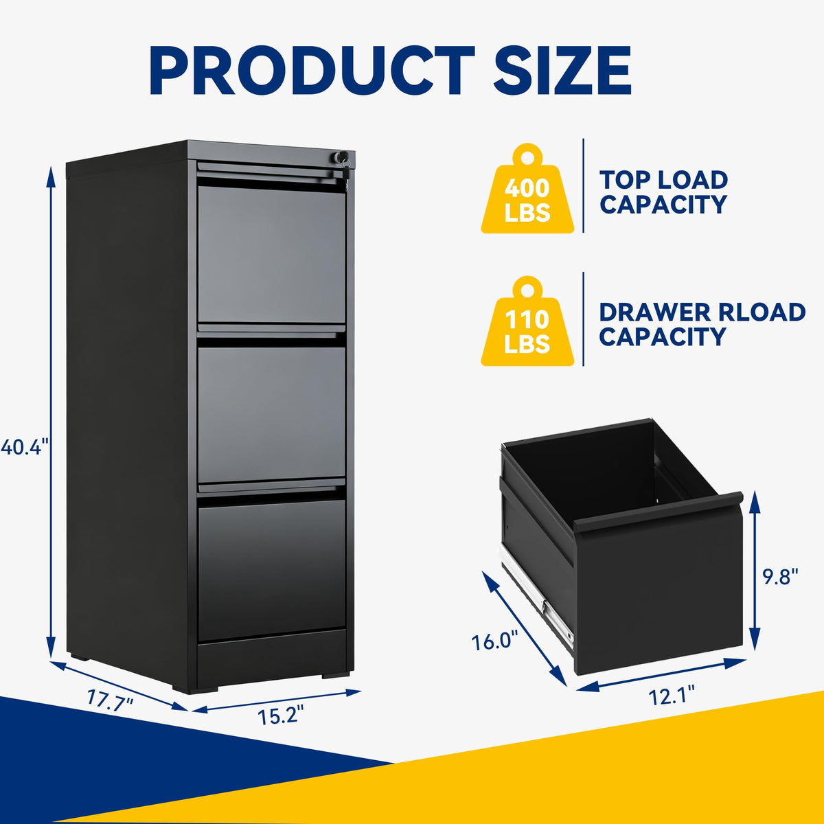 3 Drawer Black Metal File Cabinet with Lock S929458