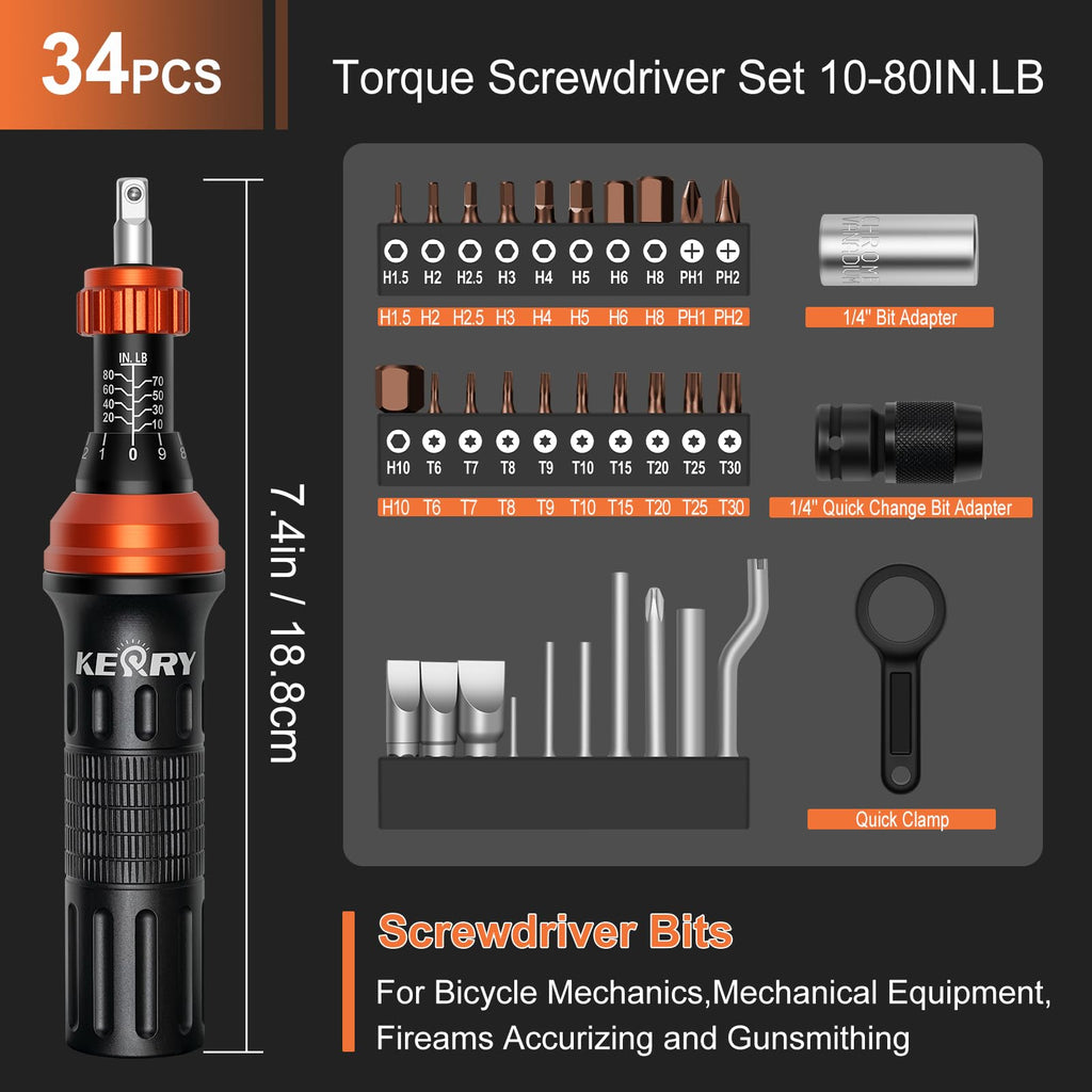 1/4 Inch Pound Torque Screwdriver Set, 10-80 In-Lb, 34-Pieces Bits R550