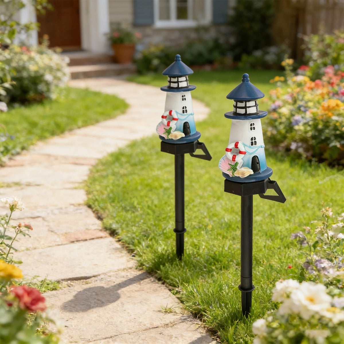 Solar Lighthouse Garden Lights, 2-Pack Resin Solar Powered T642