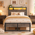 Grey Twin Metal Platform Bed Frame with Storage Headboard P547791