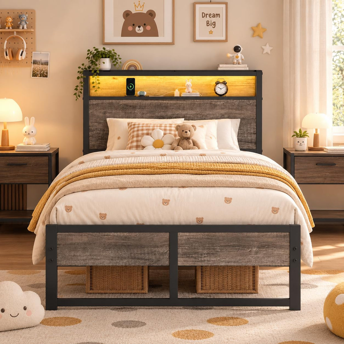 Grey Twin Metal Platform Bed Frame with Storage Headboard P547791