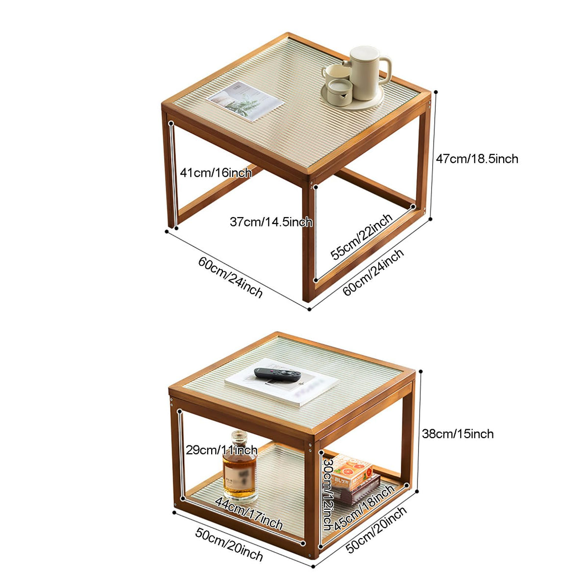 Square Glass Nesting Coffee Tables Set of 2 with Bamboo Frame O8515