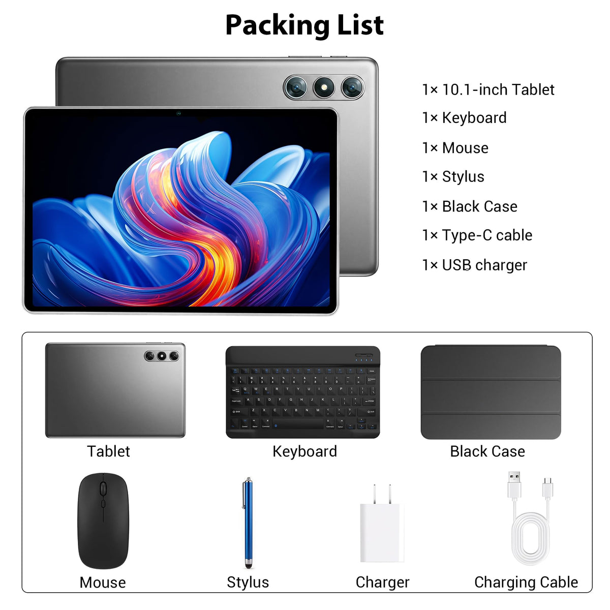 10.1" Android 16 Tablet with Keyboard, 30GB RAM 64GB ROM, Gray T810