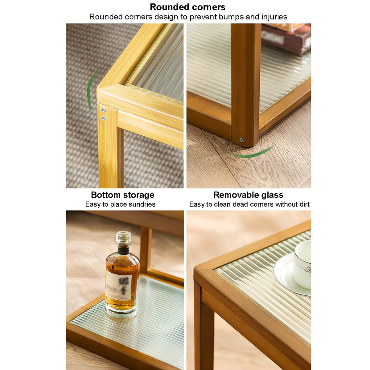 Square Glass Nesting Coffee Tables Set of 2 with Bamboo Frame O8515