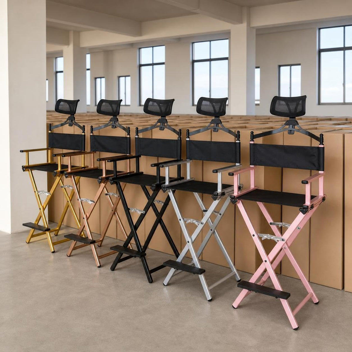Aluminum Folding Director Chair with Headrest, Adjustable Height, Side Tray and Phone Holder X29541