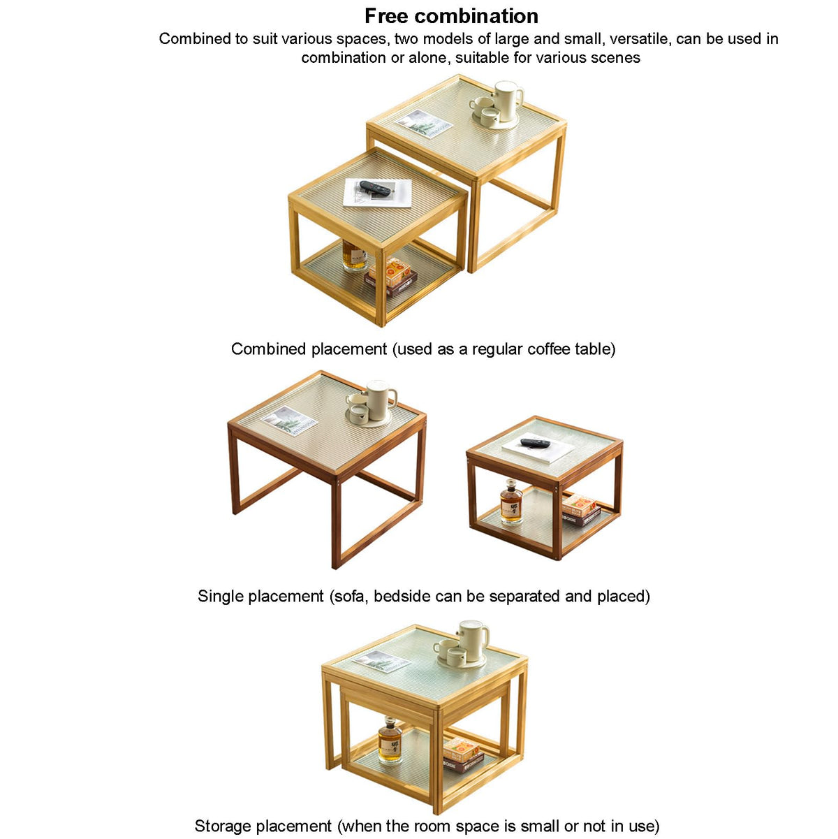 Square Glass Nesting Coffee Tables Set of 2 with Bamboo Frame O8515