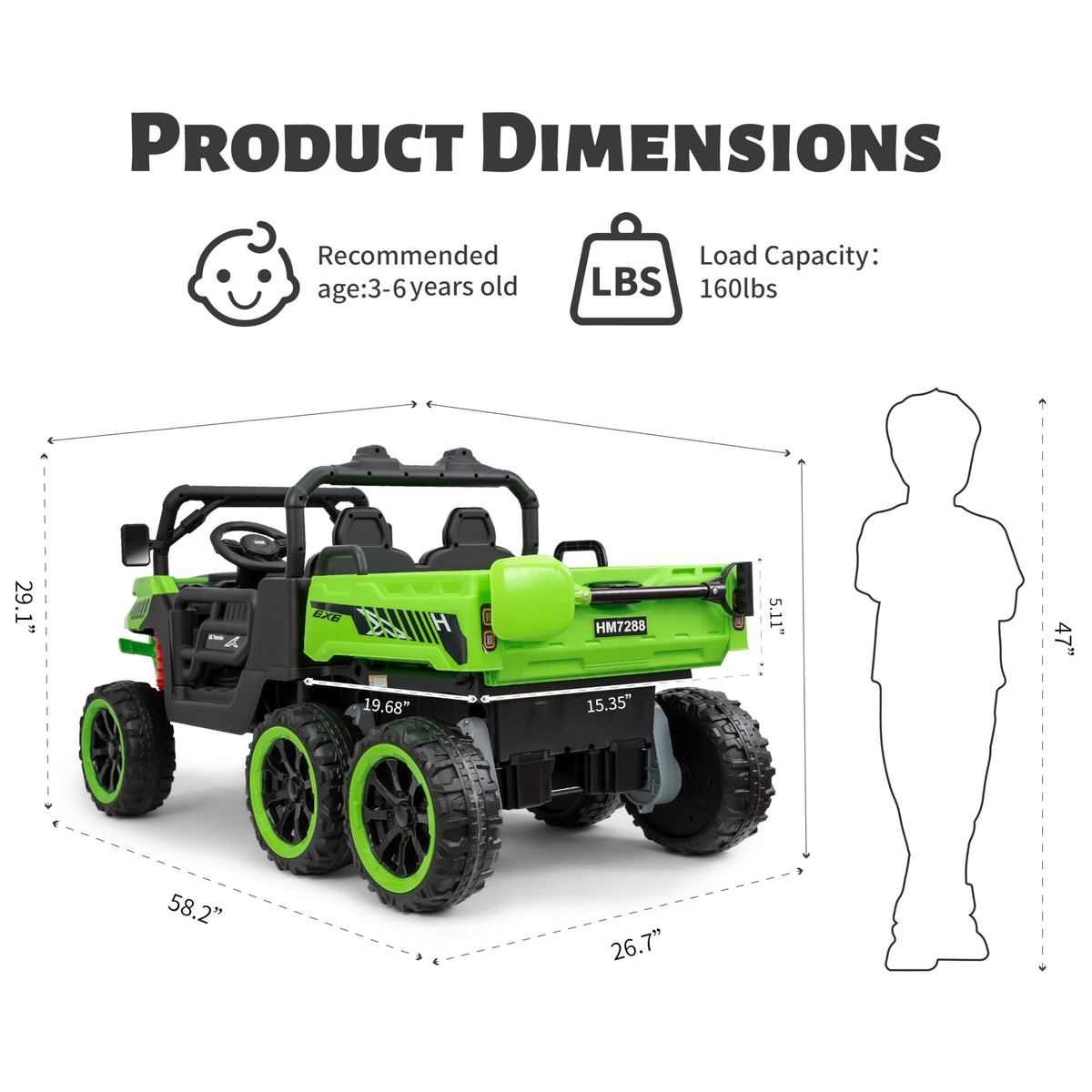 24V 2 Seater 6x6 Electric Ride On Dump Truck with Remote Control, Green R39458