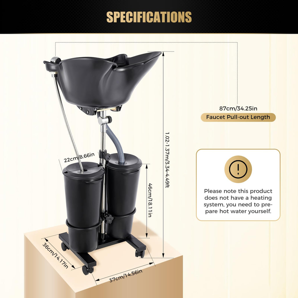 Portable Shampoo Bowl with Electric Pump, Adjustable Height, 2 Buckets, Black H751