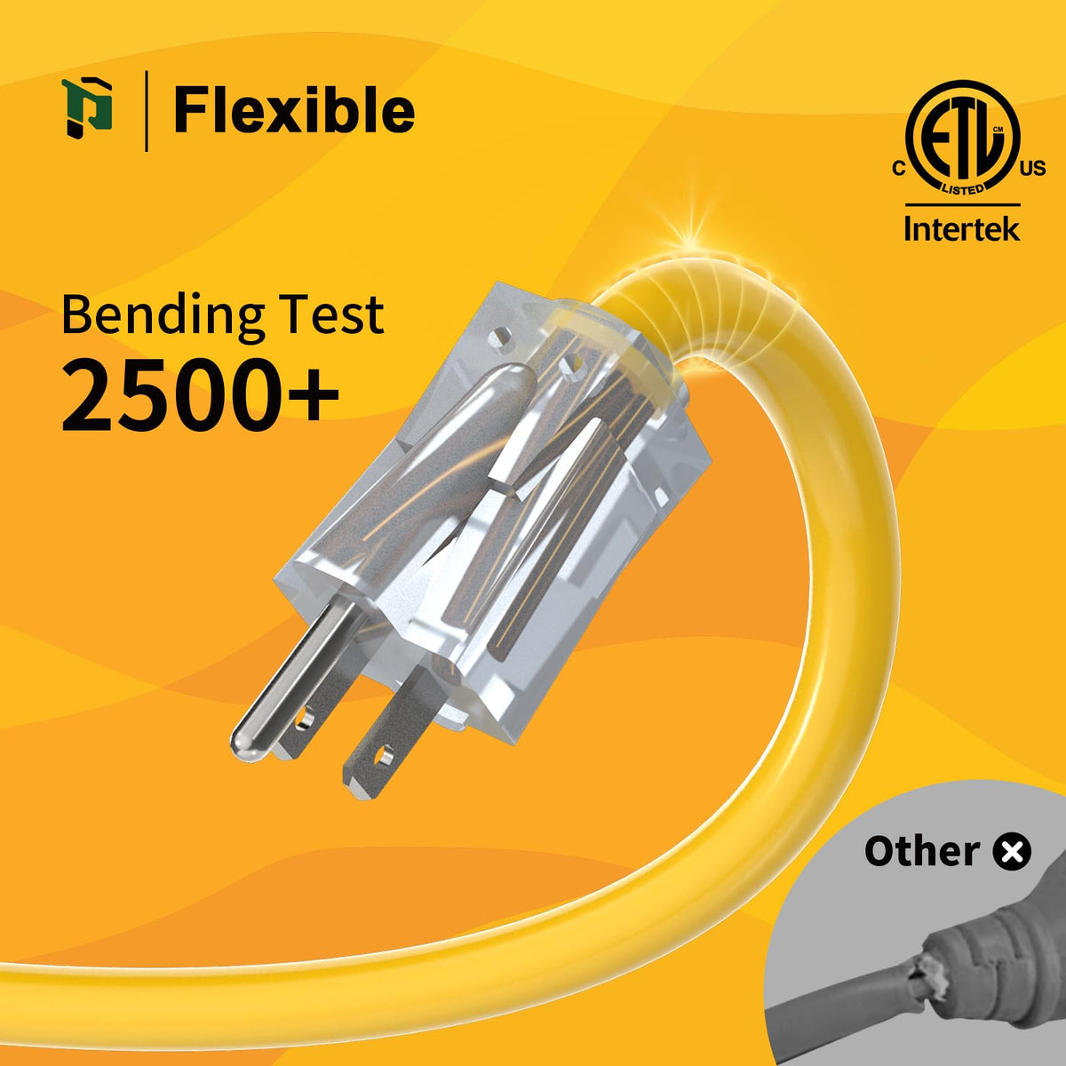 12 Gauge 100 Ft Heavy Duty Outdoor Extension Cord Waterproof Lighted End SJTW 3 Prong Grounded Plug 15A 1875W Yellow D93477