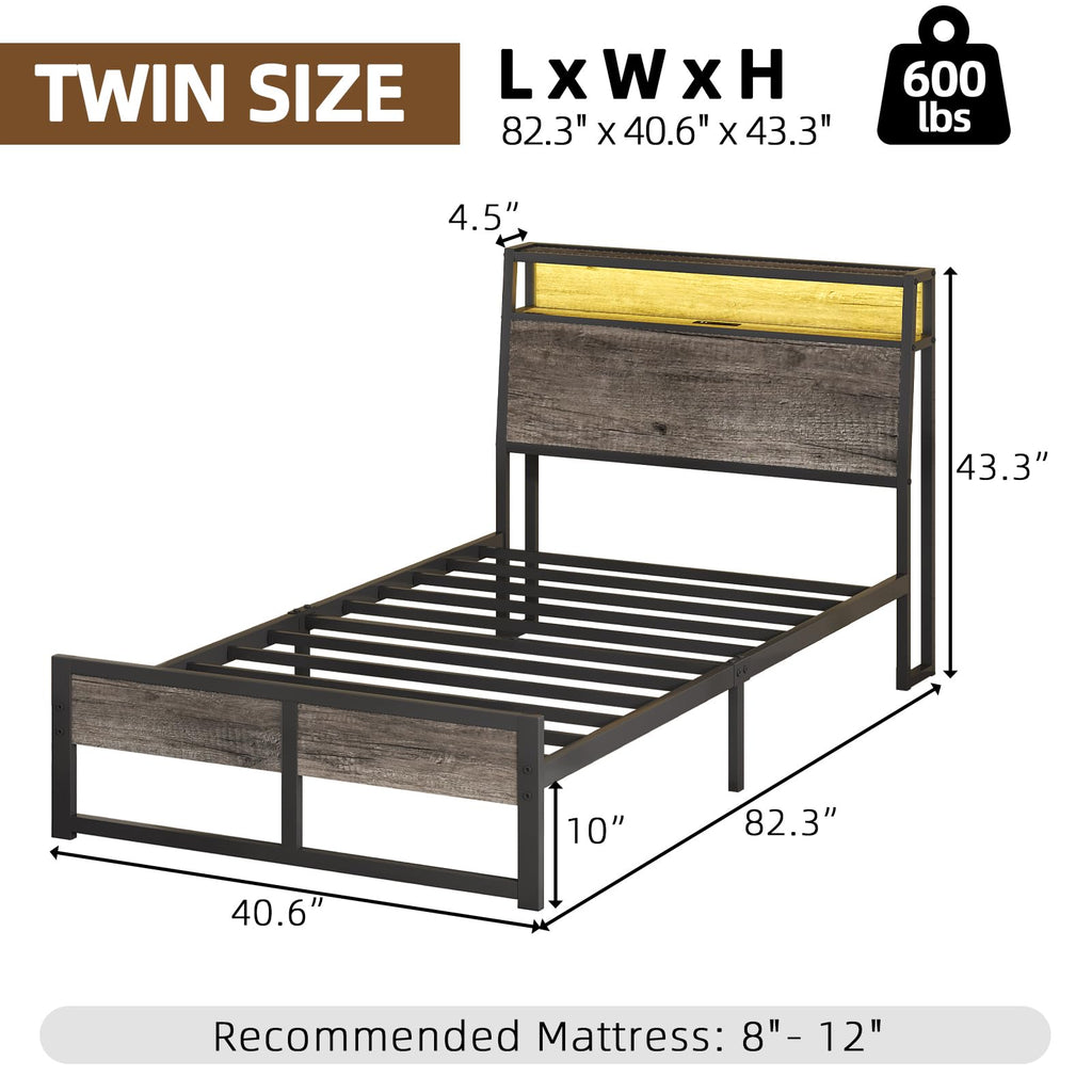 Grey Twin Metal Platform Bed Frame with Storage Headboard P547791