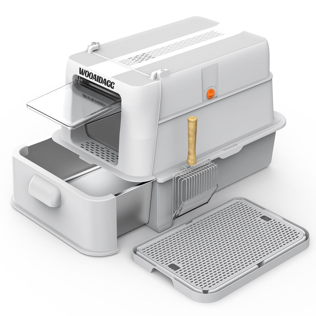 Enclosed Stainless Steel Cat Litter Box with Drawer and Flip Door, Extra Large Light Grey Y5697