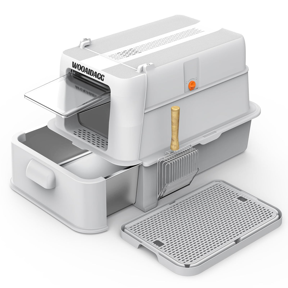 Enclosed Stainless Steel Cat Litter Box with Drawer and Flip Door, Extra Large Light Grey Y5697