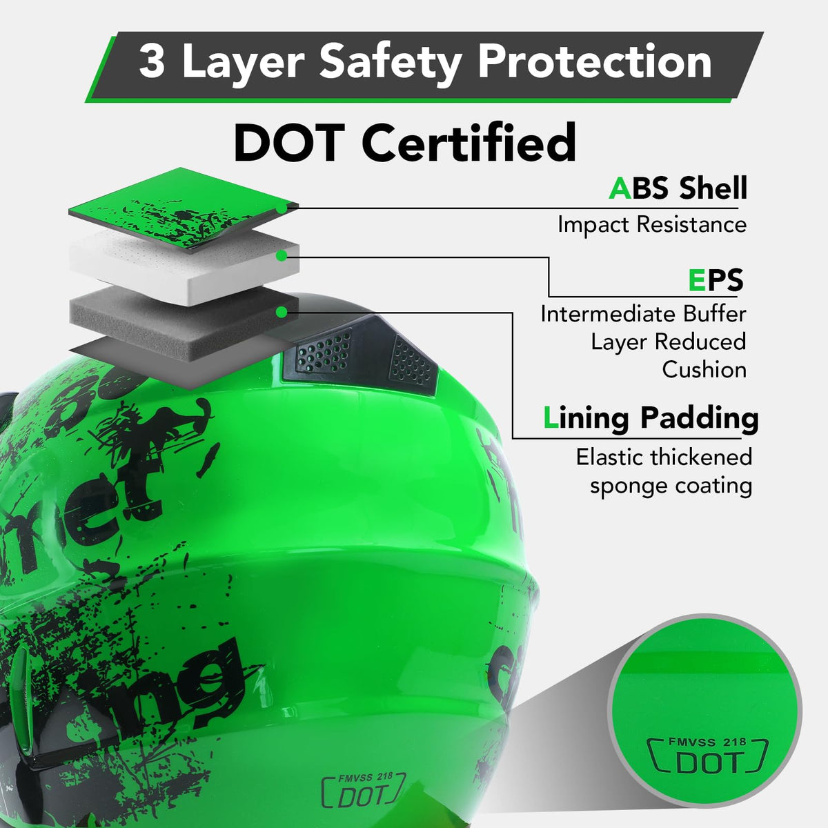Youth Kids Full Face Dirt Bike Helmet 4Pcs Set DOT Approved Green XL X98842