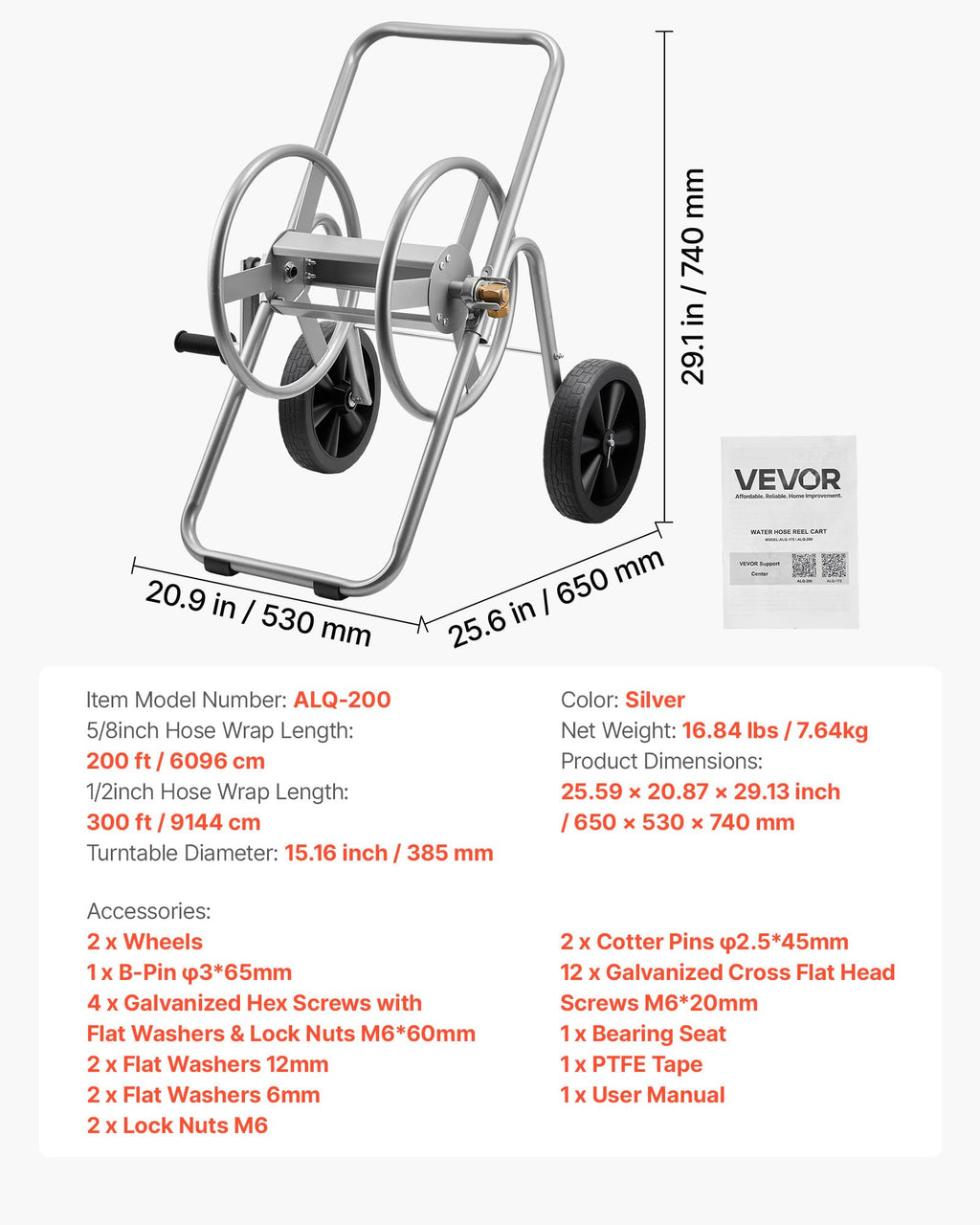 200/300 ft Garden Hose Reel Cart with Two Wheels K45694