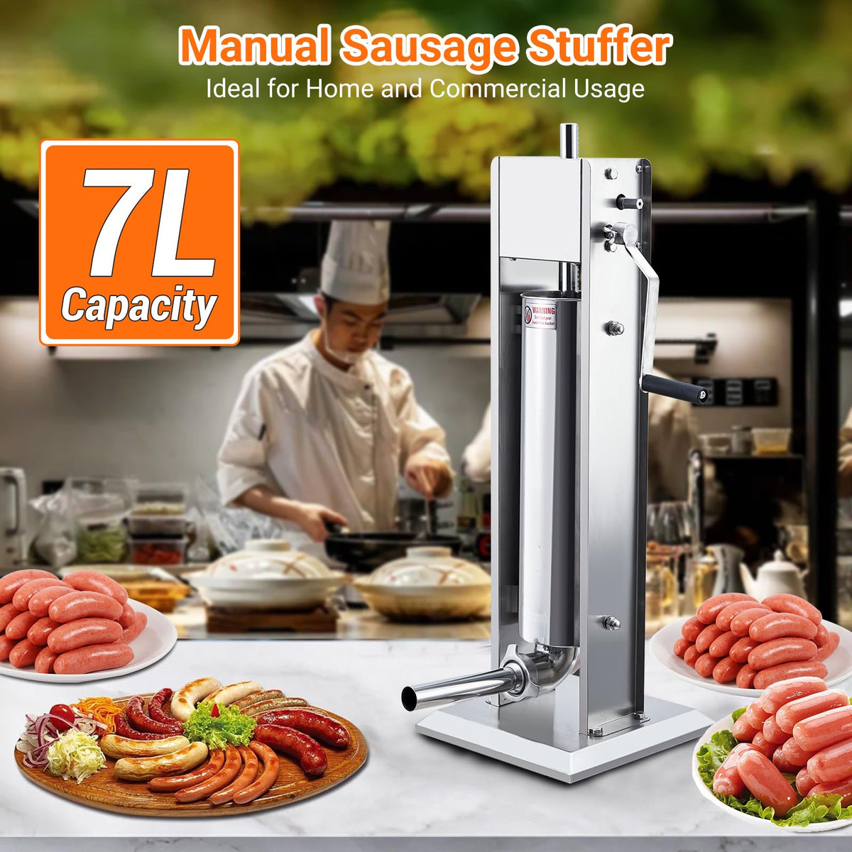 Manual 15LBS Stainless Steel Sausage Stuffer with 5 Stuffing Tubes Y788
