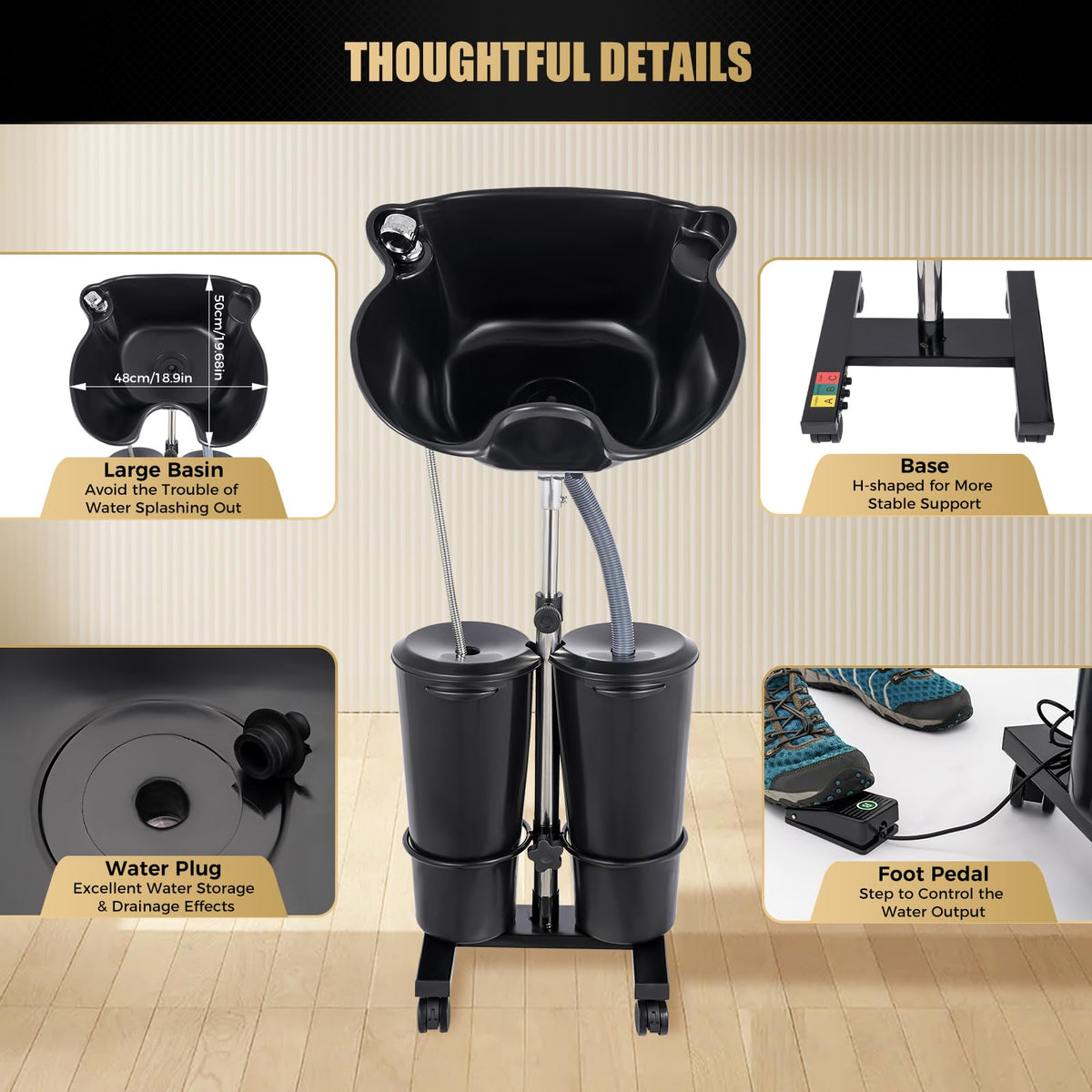 Portable Shampoo Bowl with Electric Pump, Adjustable Height, 2 Buckets, Black H751