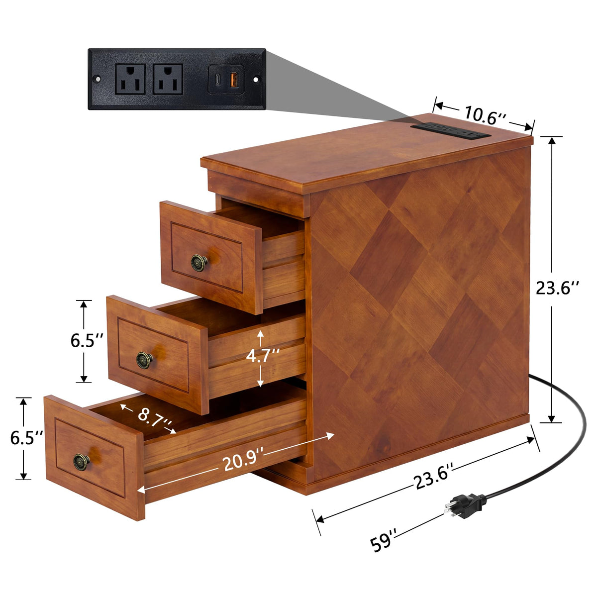 Solid Wood Narrow End Table with Charging Station Set of 2 E849227