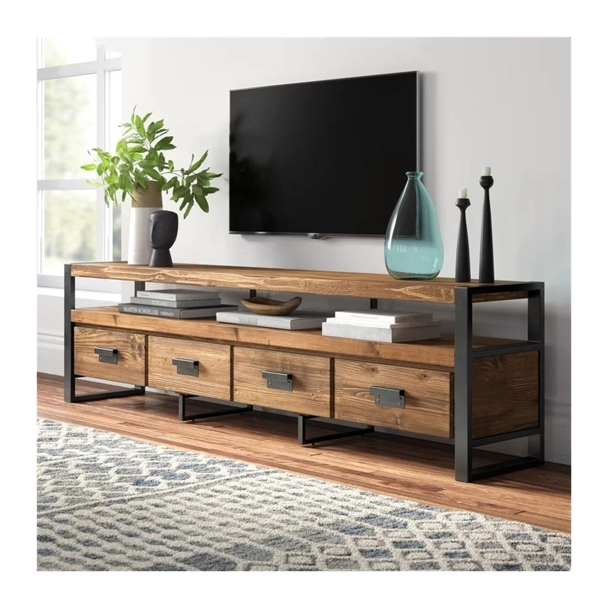 Vintage Pine TV Stand Cabinet with 4 Drawers X2227