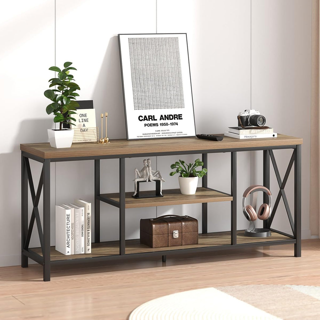 Oak 55 inch Wood and Metal TV Stand with Storage Shelves K827