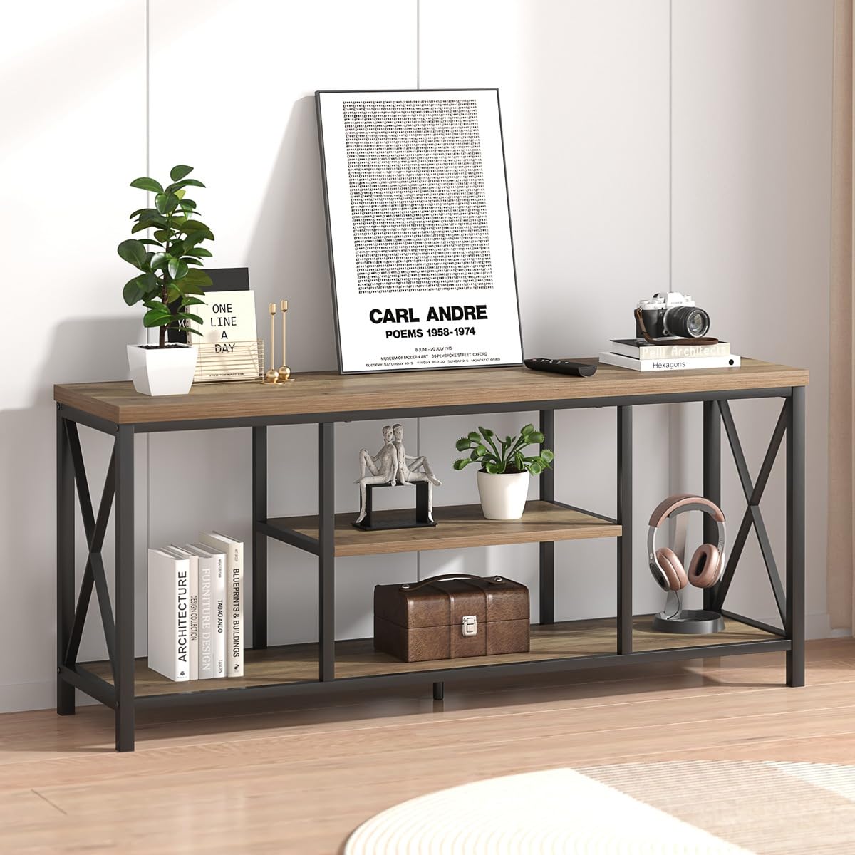 Oak 55 inch Wood and Metal TV Stand with Storage Shelves K827