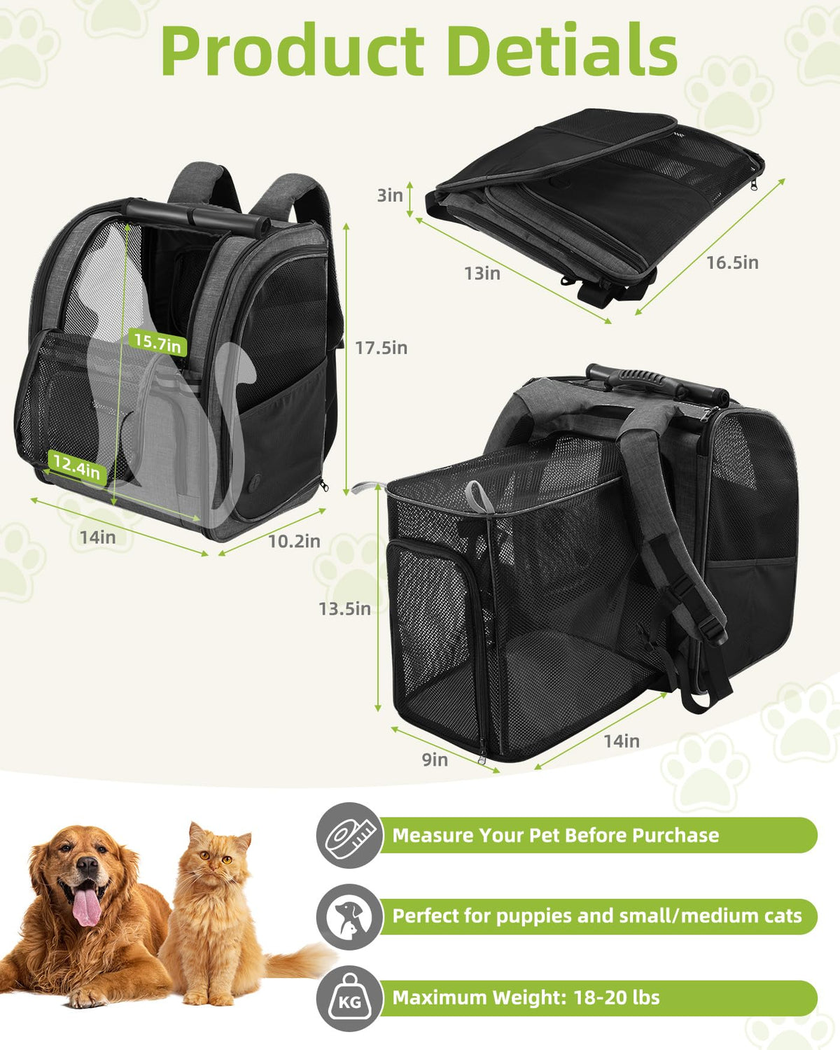 Expandable Breathable Mesh Cat Dog Carrier Backpack M92200