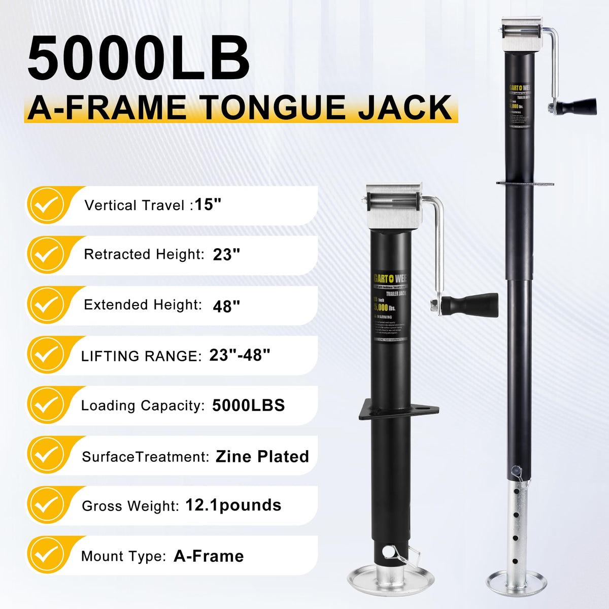 5000 lbs A-Frame Trailer Jack, 15" Vertical Travel with Adjustable Drop Leg E4747