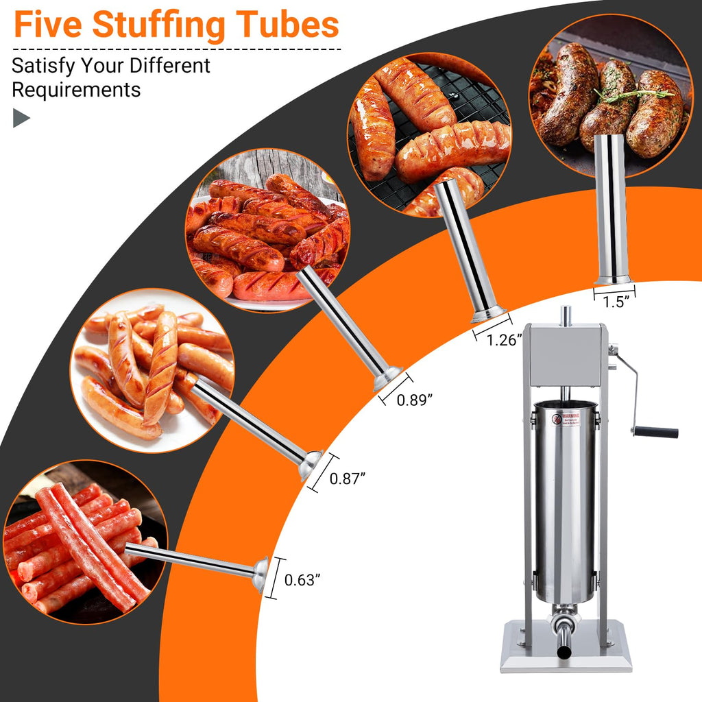 Manual 15LBS Stainless Steel Sausage Stuffer with 5 Stuffing Tubes Y788