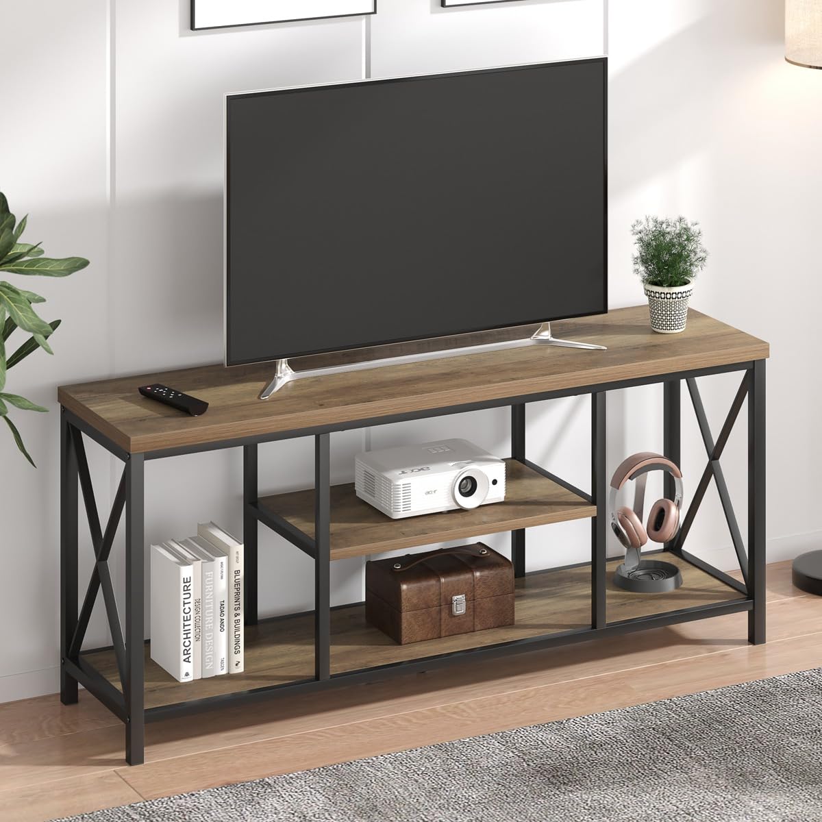 Oak 55 inch Wood and Metal TV Stand with Storage Shelves K827