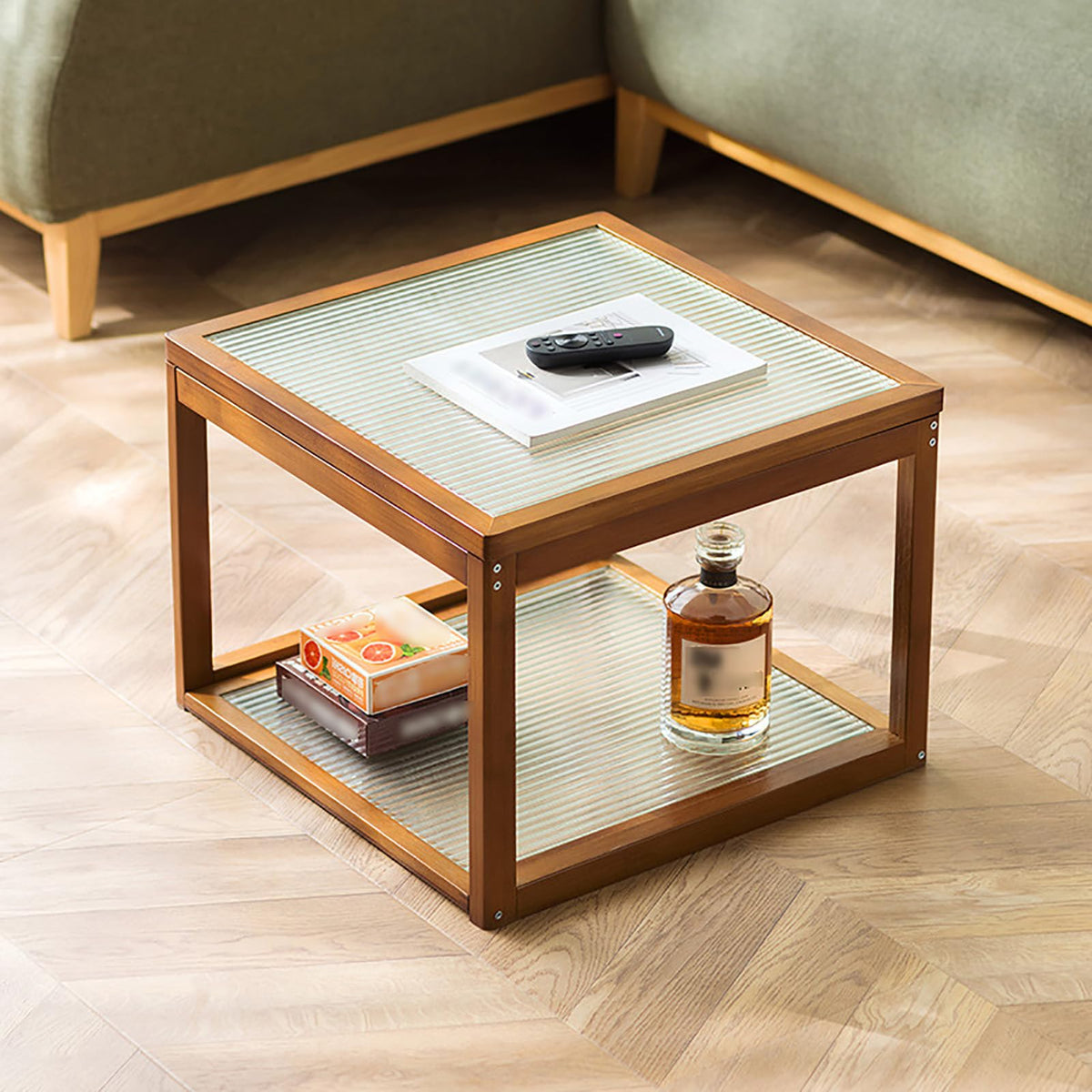 Square Glass Nesting Coffee Tables Set of 2 with Bamboo Frame O8515