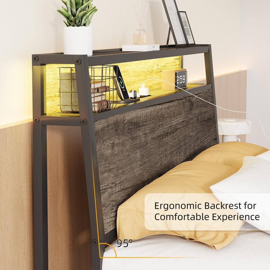 Grey Twin Metal Platform Bed Frame with Storage Headboard P547791