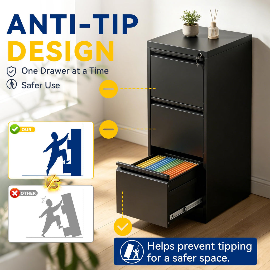 3 Drawer Black Metal File Cabinet with Lock S929458