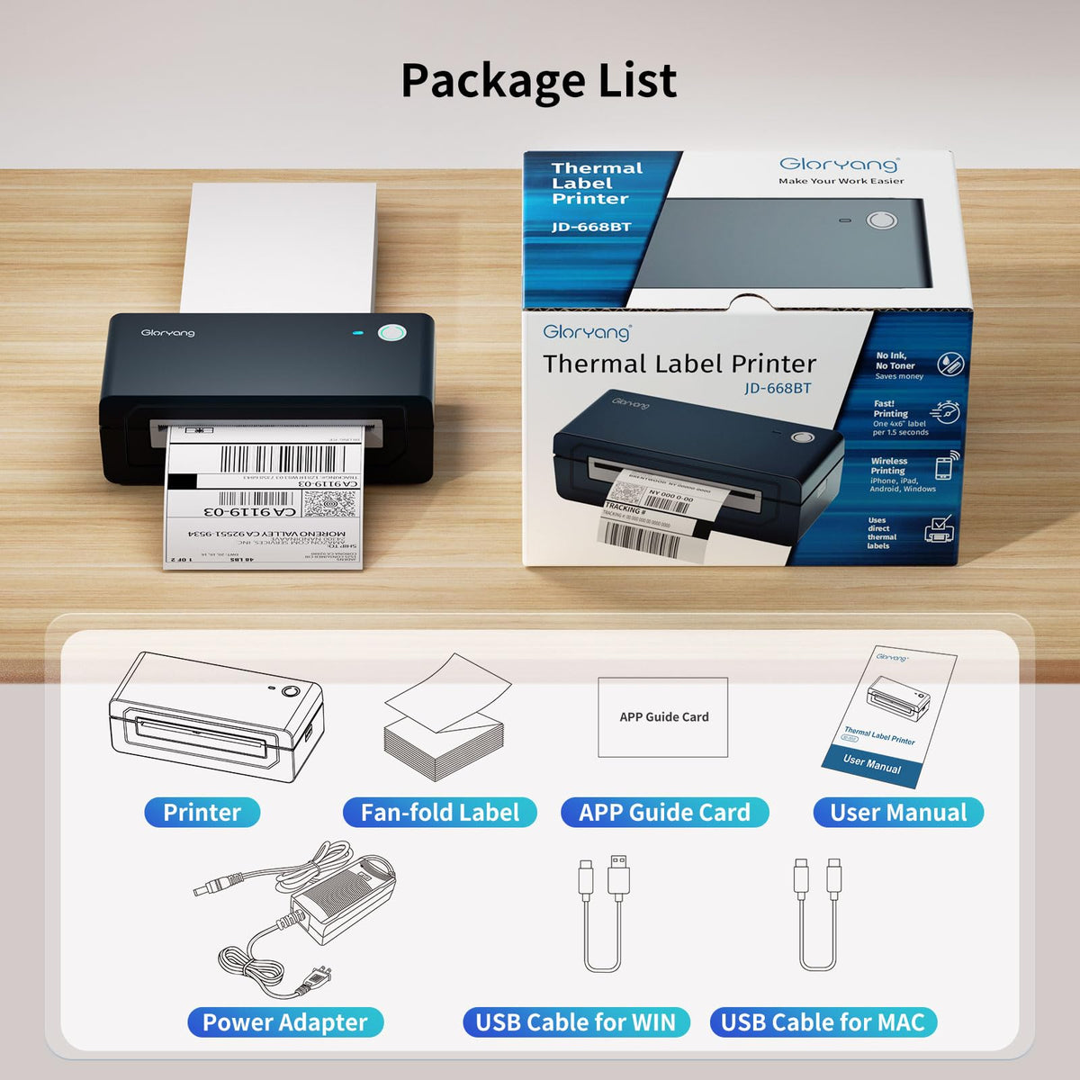 Bluetooth Thermal Shipping Label Printer, 4X6 Inkless Wireless Label Printer O36932