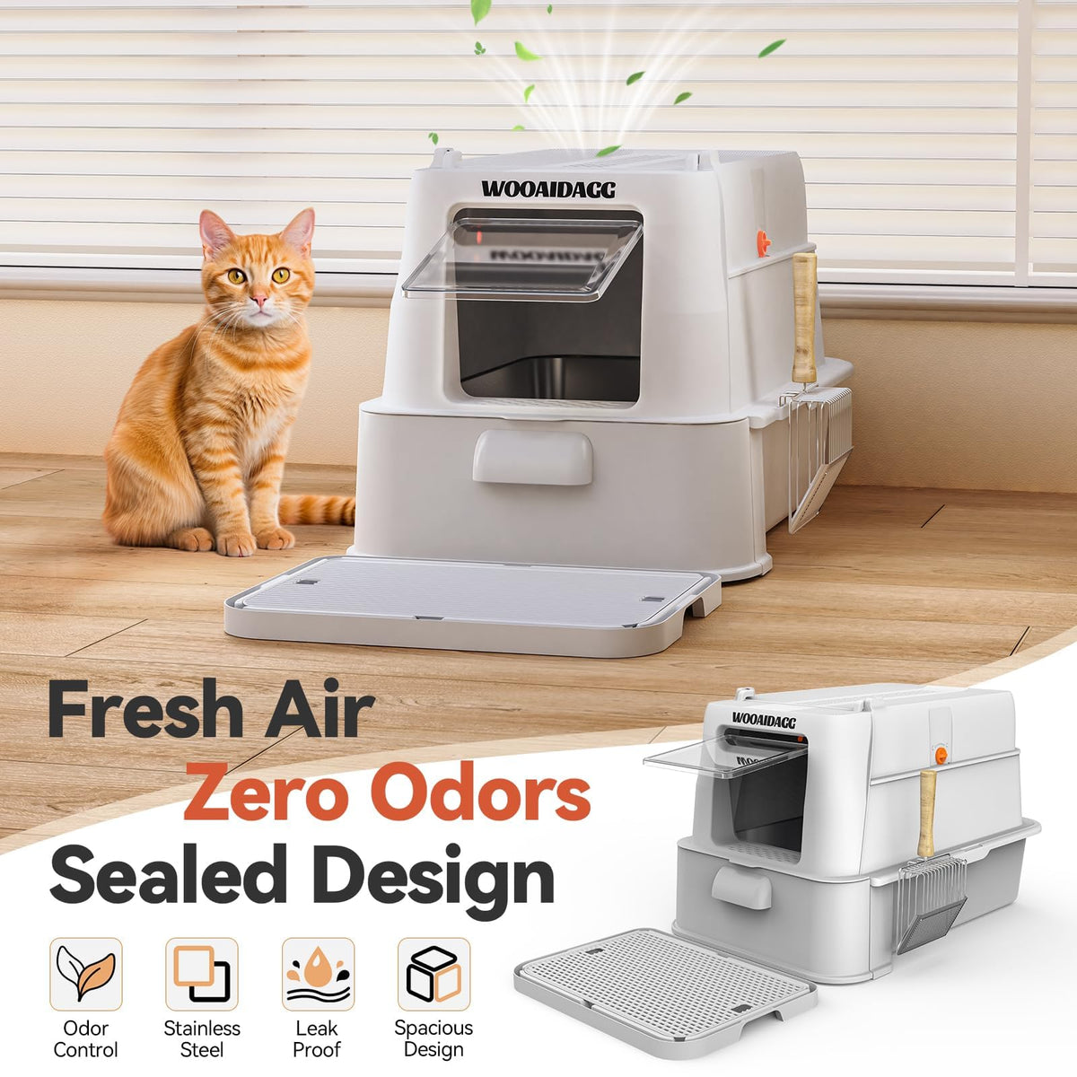 Enclosed Stainless Steel Cat Litter Box with Drawer and Flip Door, Extra Large Light Grey Y5697